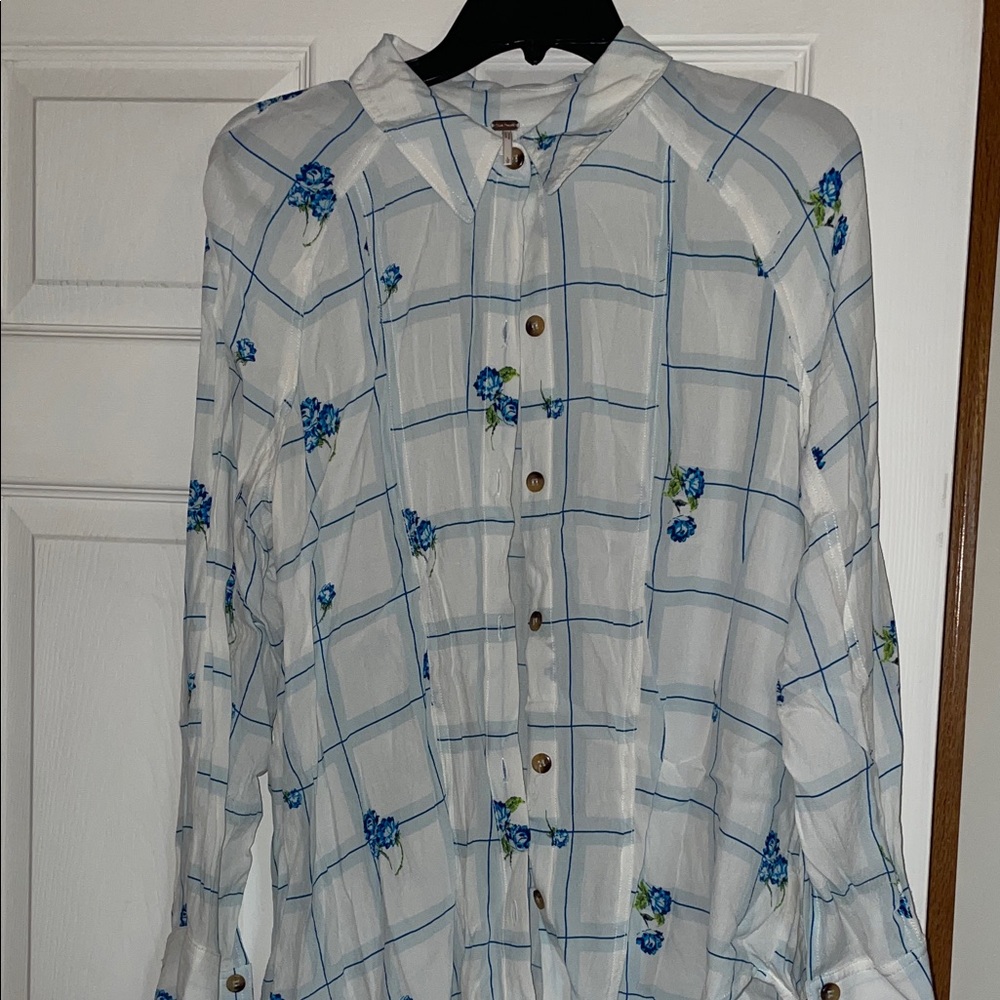 Free People Blue Floral Grid Blouse